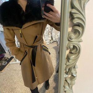 Tan wool coat with fake fur